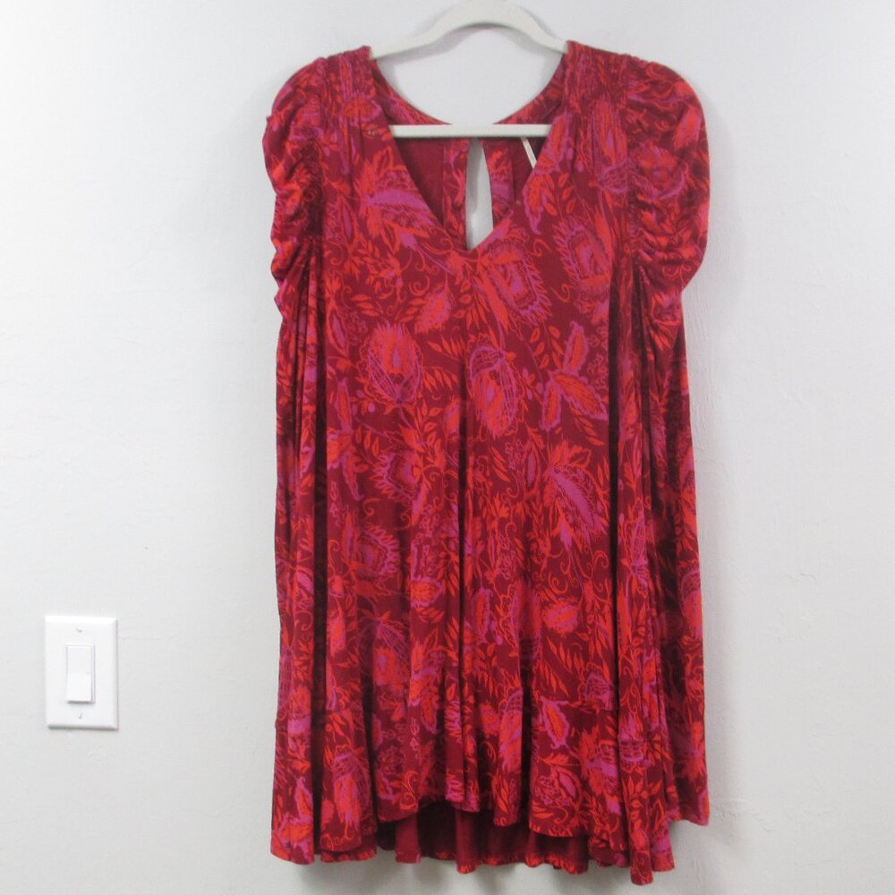 Free People S/P Mini Swing Dress Red Floral HELLO LOVER V Neck Puff Sleeve Tunic